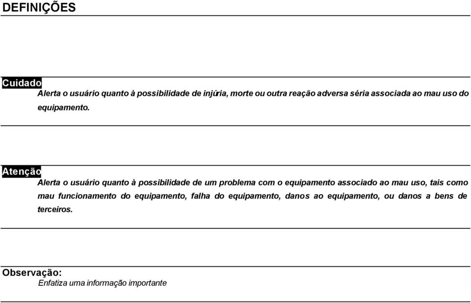 Atenção Alerta o usuário quanto à possibilidade de um problema com o equipamento associado ao mau uso,