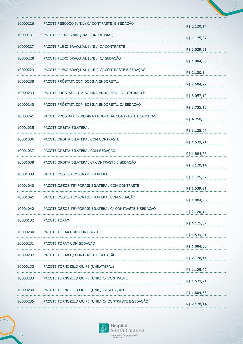 BOBINA ENDORETAL C/ SEDAÇÃO 10000241 PACOTE PRÓSTATA C/ BOBINA ENDORETAL CONTRASTE E SEDAÇÃO 10001035 PACOTE ORBITA BILATERAL 10001036 PACOTE ORBITA BILATERAL COM CONTRASTE 10001037 PACOTE ORBITA