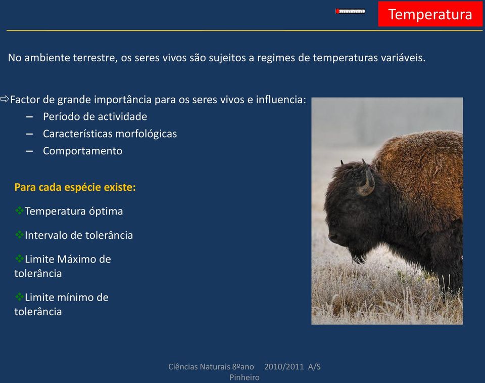 Características morfológicas Comportamento Para cada espécie existe: Temperatura óptima Intervalo