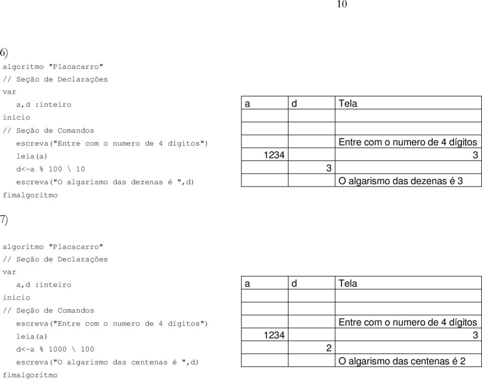 7) algoritmo "Placacarro" a,d :inteiro a d Tela escreva("entre com o numero de 4 dígitos") Entre com o numero de