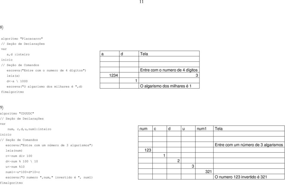 c,d,u,num1:inteiro num c d u num1 Tela escreva("entre com um número de 3 algarismos") Entre com um número de 3 algarismos leia(num)