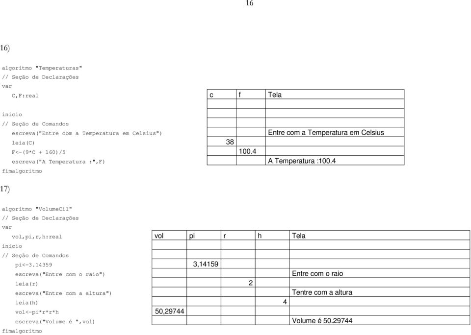 4 17) algoritmo "VolumeCil" vol,pi,r,h:real vol pi r h Tela pi<-3.