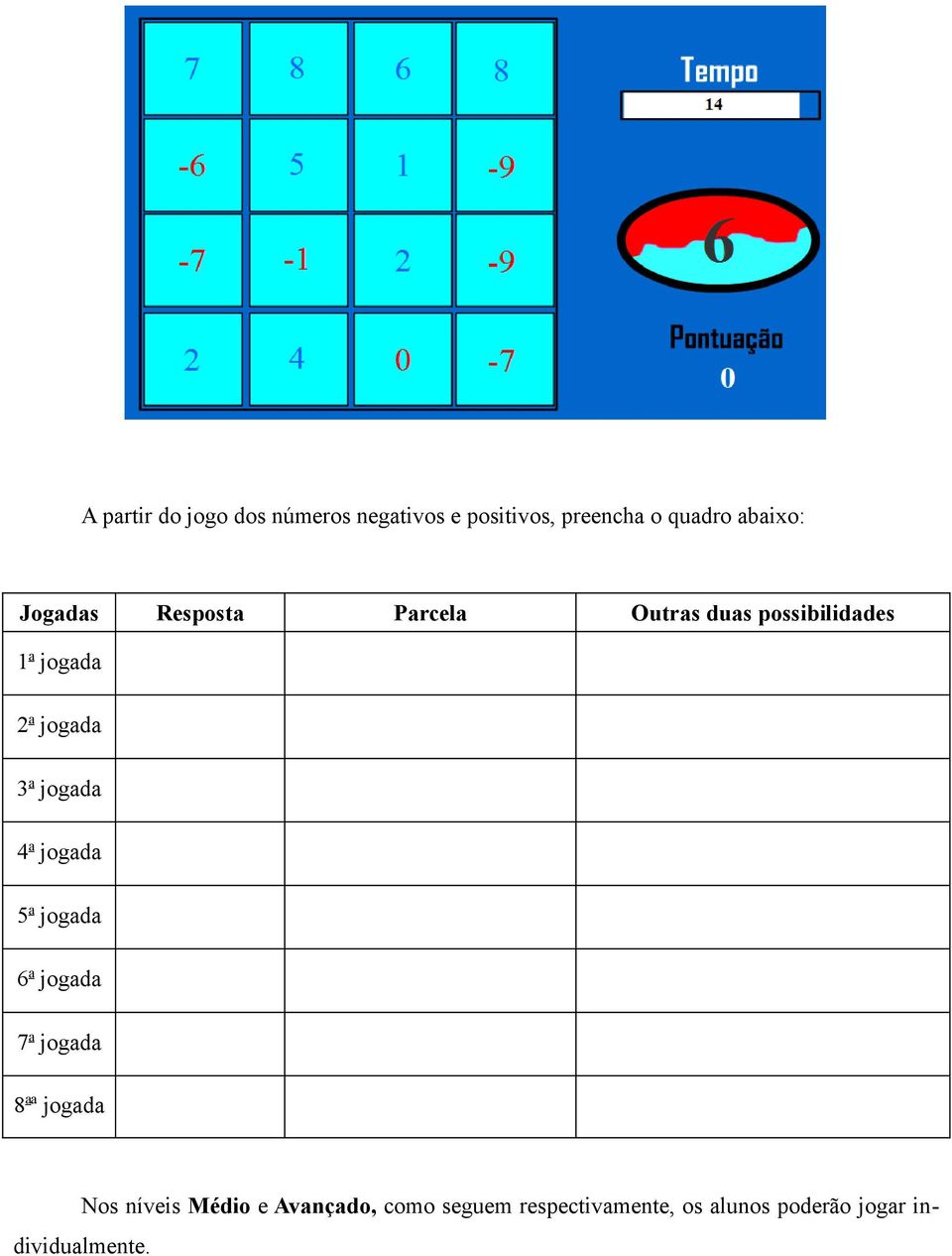 5 a jogada 6 a jogada 7 a jogada 8 a ª jogada Nos níveis Médio e