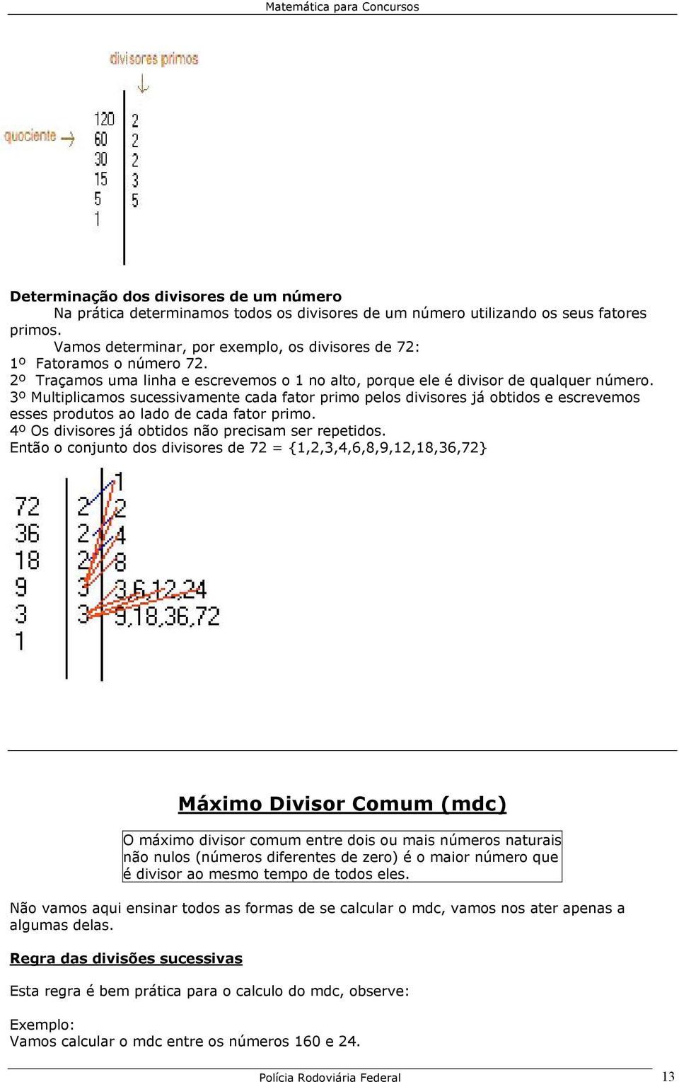 3º Multiplicamos sucessivamente cada fator primo pelos divisores já obtidos e escrevemos esses produtos ao lado de cada fator primo. 4º Os divisores já obtidos não precisam ser repetidos.