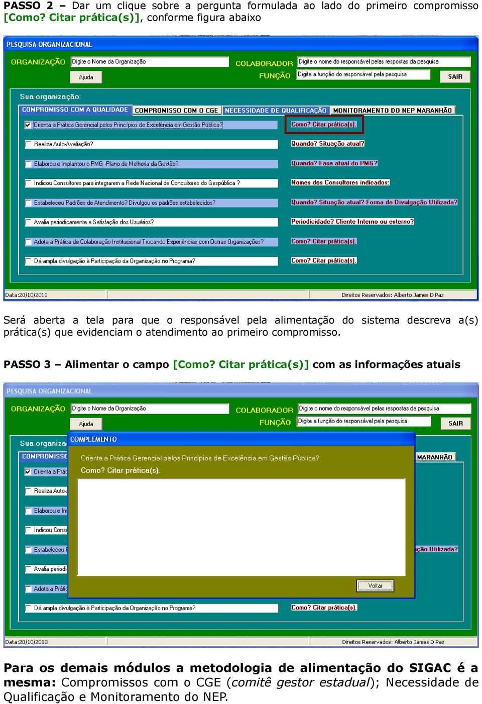 prática(s) que evidenciam o atendimento ao primeiro compromisso. PASSO 3 Alimentar o campo [Como?