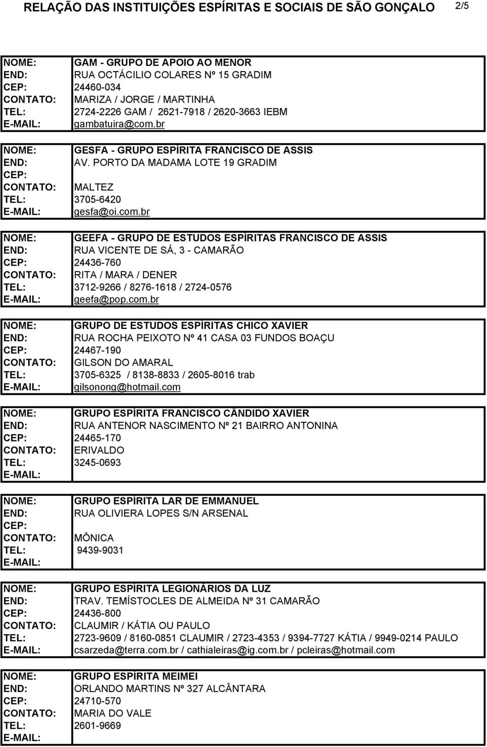 br NOME: GESFA - GRUPO ESPÍRITA FRANCISCO DE ASSIS END: AV. PORTO DA MADAMA LOTE 19 GRADIM MALTEZ 3705-6420 gesfa@oi.com.