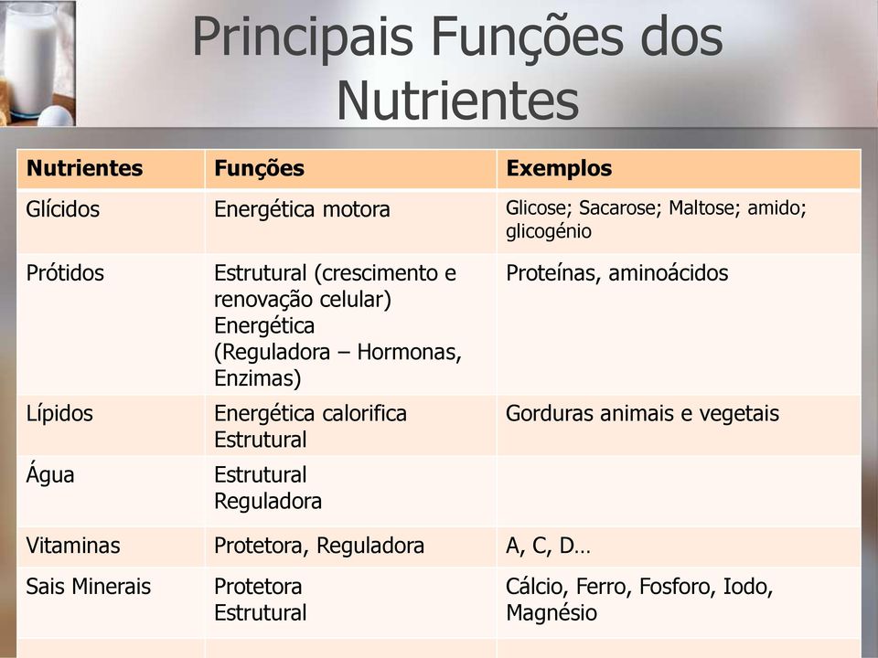 (Reguladora Hormonas, Enzimas) Energética calorifica Estrutural Estrutural Reguladora Proteínas, aminoácidos
