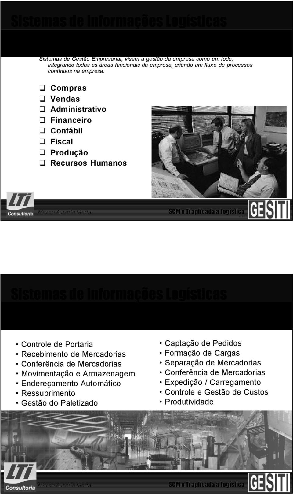 q q q q q q q q Compras Vendas Administrativo Financeiro Contábil Fiscal Produção Recursos Humanos 27 / 56 SCM e Ti aplicada à Logística Sistemas de Informações Logísticas WMS - Warehouse Management