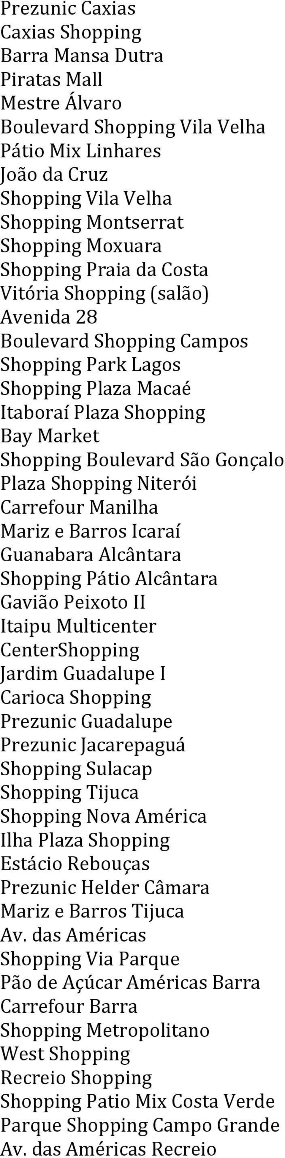 Shopping Niterói Carrefour Manilha Mariz e Barros Icaraí Guanabara Alcântara Shopping Pátio Alcântara Gavião Peixoto II Itaipu Multicenter CenterShopping Jardim Guadalupe I Carioca Shopping Prezunic