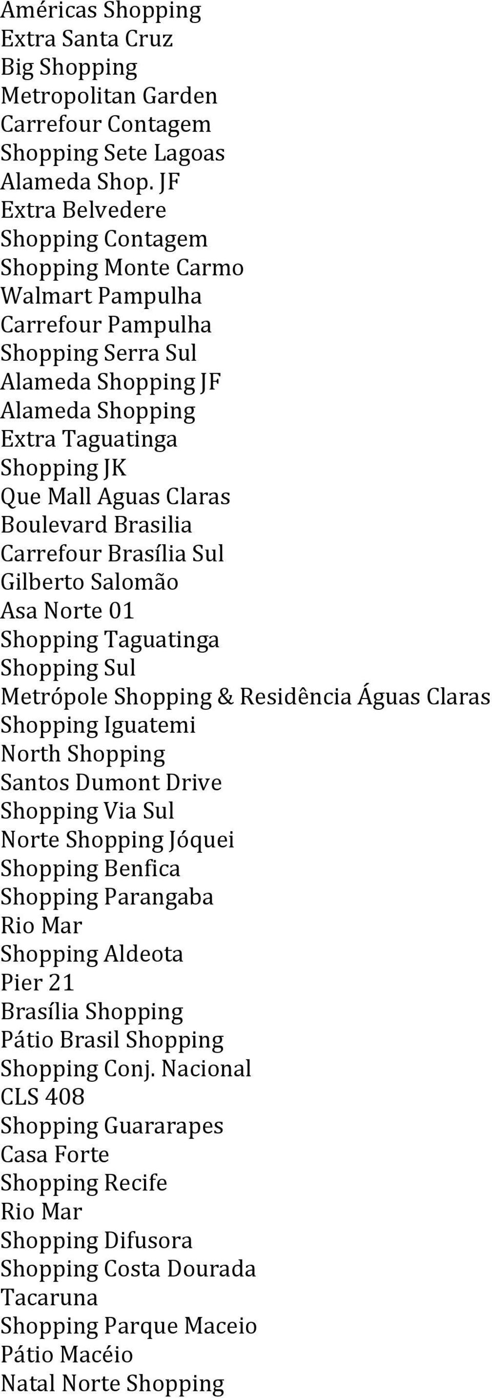 Claras Boulevard Brasilia Carrefour Brasília Sul Gilberto Salomão Asa Norte 01 Shopping Taguatinga Shopping Sul Metrópole Shopping & Residência Águas Claras Shopping Iguatemi North Shopping Santos