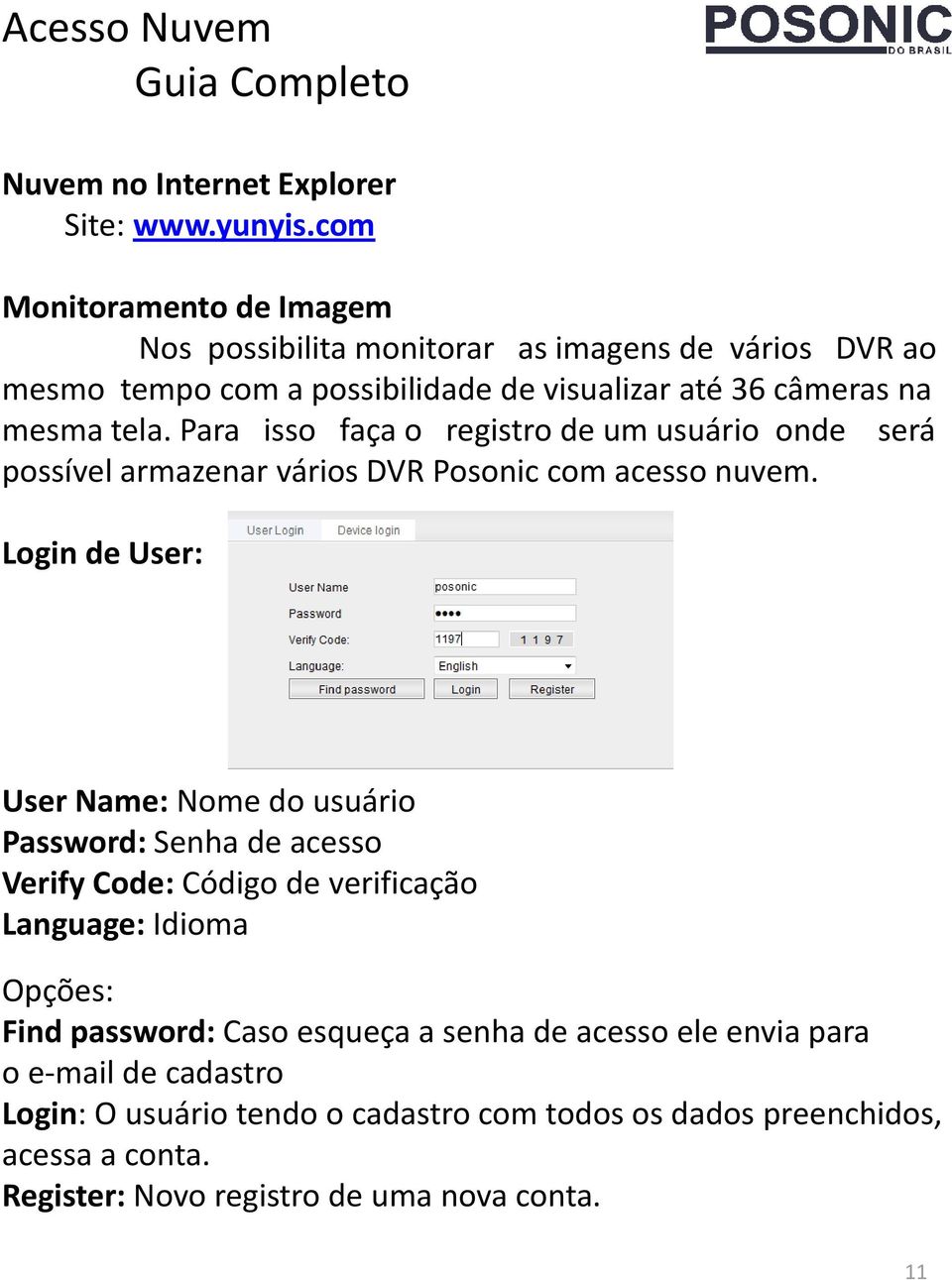 Login de User: User Name: Nome do usuário Password: Senha de acesso Verify Code: Código de verificação Language: Idioma Opções: Find password: Caso