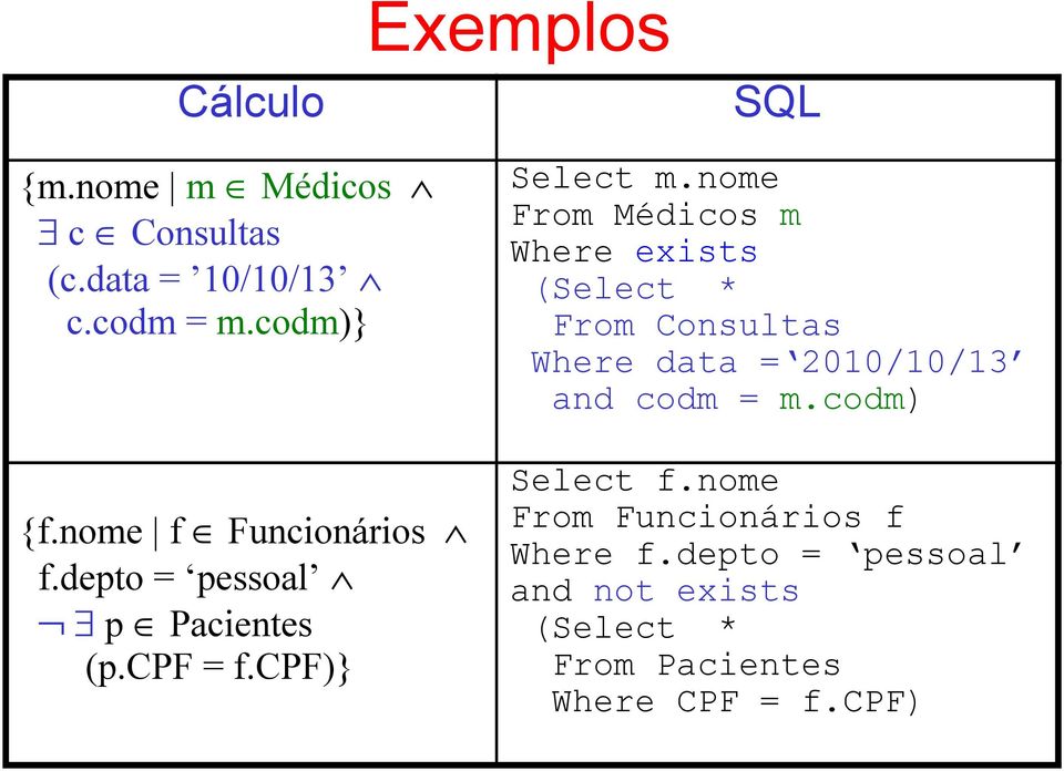 nome From Médicos m Where exists (Select * From Consultas Where data = 2010/10/13 and codm = m.