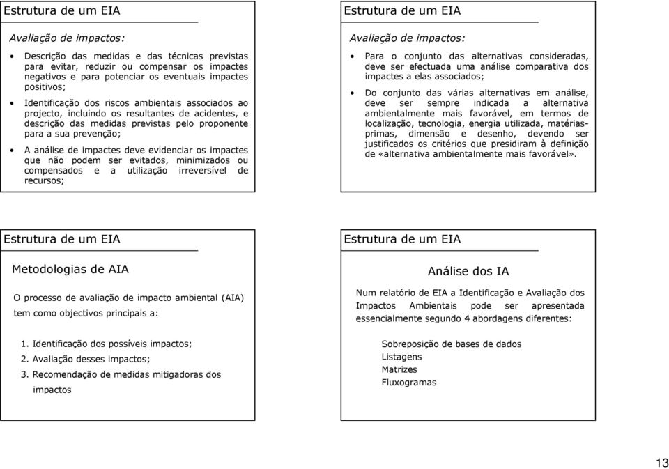 impactes que não podem ser evitados, minimizados ou compensados e a utilização irreversível de recursos; Avaliação de impactos: Para o conjunto das alternativas consideradas, deve ser efectuada uma