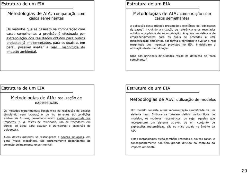 Metodologias de AIA: comparação com casos semelhantes A aplicação deste método pressupõe a existência de bibliotecas de casos, incluindo a situação de referência e os resultados obtidos nos planos de