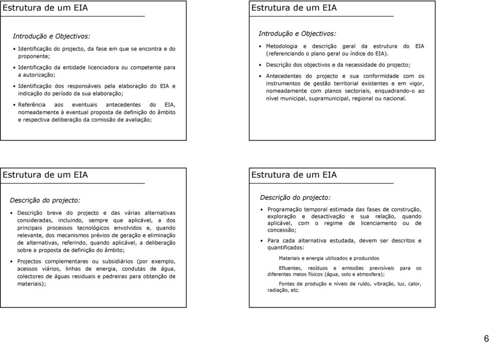 comissão de avaliação; Introdução e Objectivos: Metodologia e descrição geral da estrutura do EIA (referenciando o plano geral ou índice do EIA).