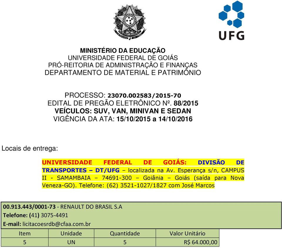 88/2015 VEÍCULOS: SUV, VAN, MINIVAN E SEDAN VIGÊNCIA DA ATA: 15/10/2015 a 14/10/2016 Locais de entrega: UNIVERSIDADE FEDERAL DE GOIÁS: DIVISÃO DE TRANSPORTES