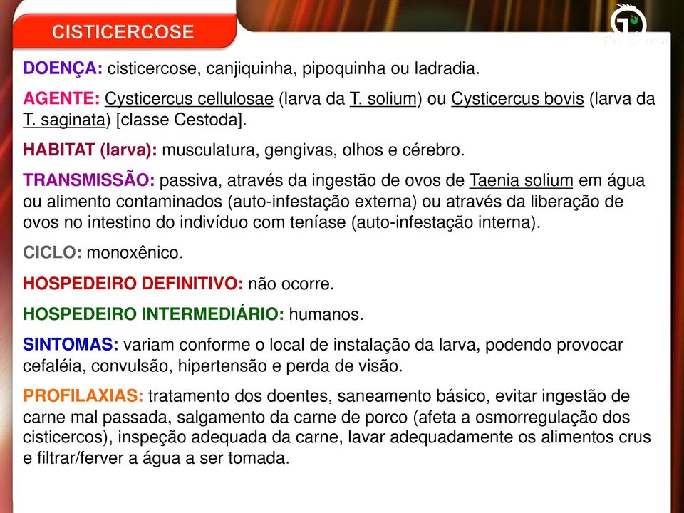 TRANSMISSÃO: passiva, através da ingestão de ovos de Taenia solium em água ou alimento contaminados (auto-infestação externa) ou através da liberação de ovos no intestino do indivíduo com teníase