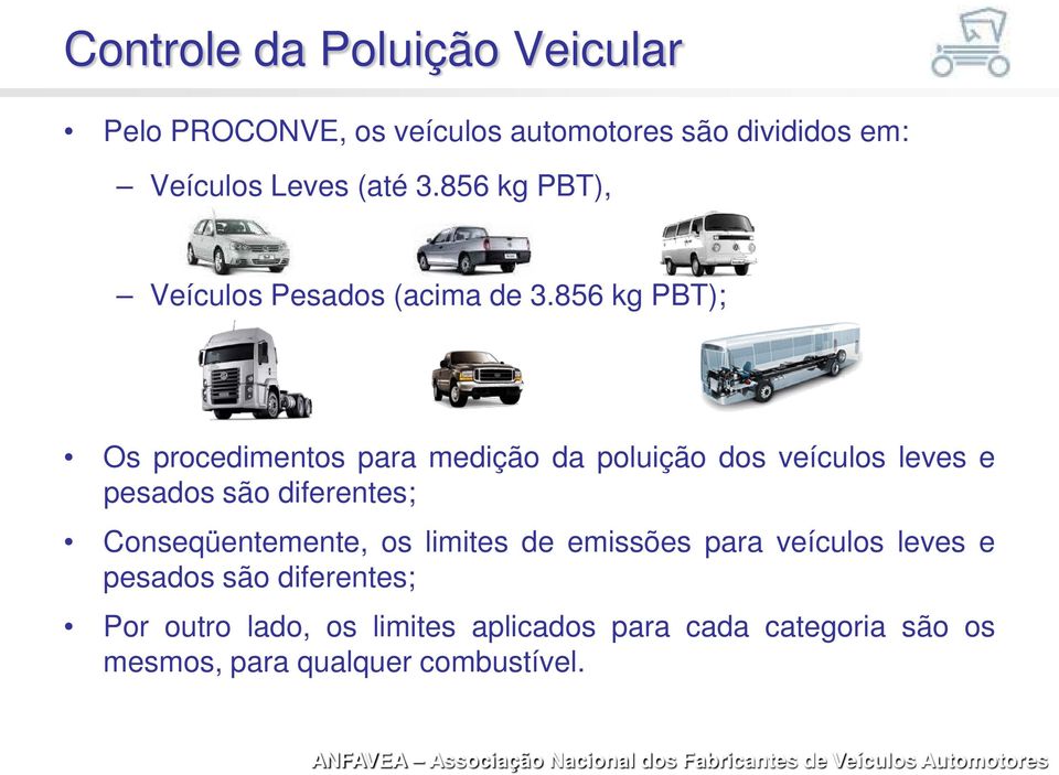 856 kg PBT); Os procedimentos para medição da poluição dos veículos leves e pesados são diferentes;