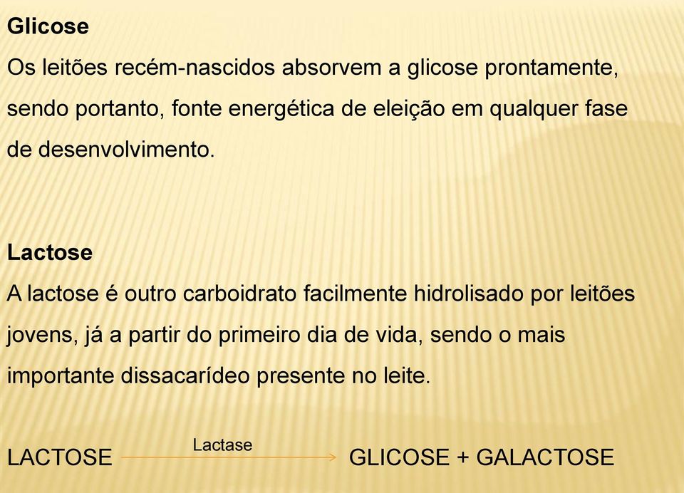 Lactose A lactose é outro carboidrato facilmente hidrolisado por leitões jovens, já a