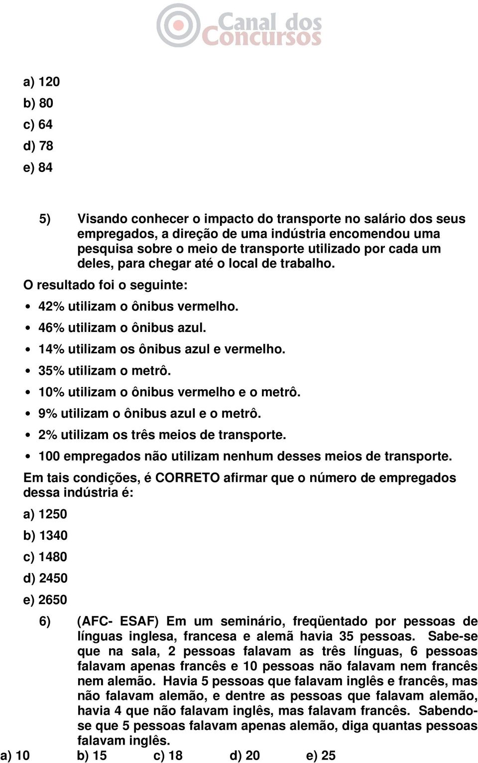 35% utilizam o metrô. 10% utilizam o ônibus vermelho e o metrô. 9% utilizam o ônibus azul e o metrô. 2% utilizam os três meios de transporte.