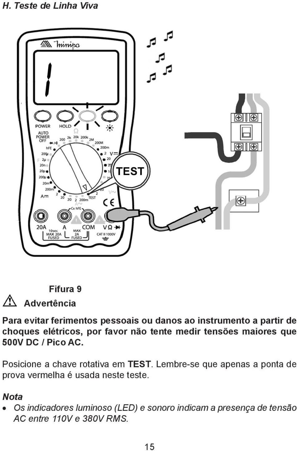 Posicione a chave rotativa em TEST.