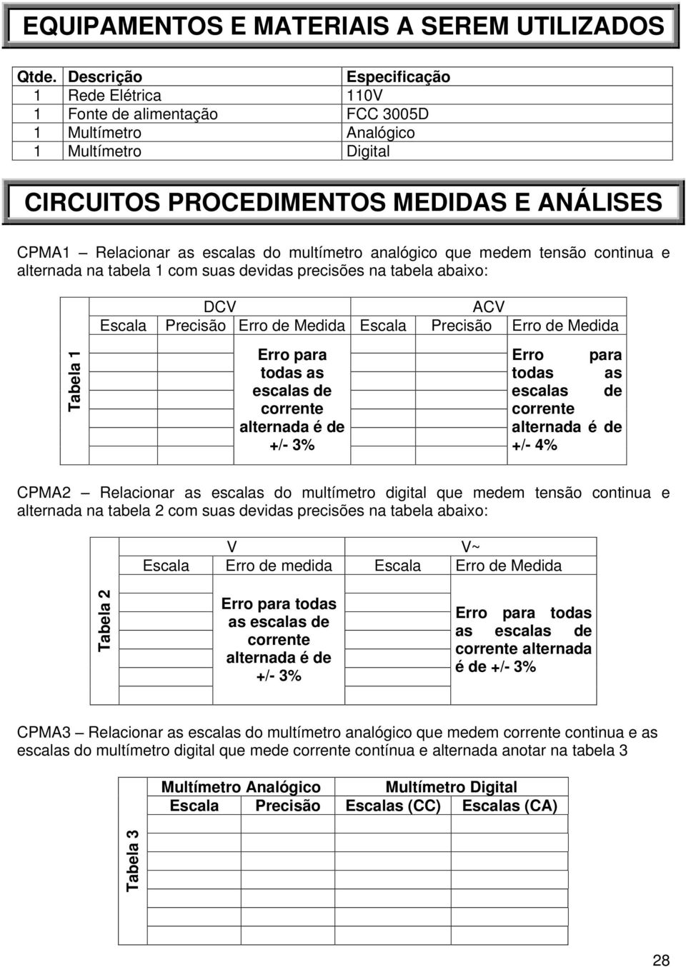 multímetro analógico que medem tensão continua e alternada na tabela 1 com suas devidas precisões na tabela abaixo: Tabela 1 DCV ACV Escala Precisão Erro de Medida Escala Precisão Erro de Medida Erro