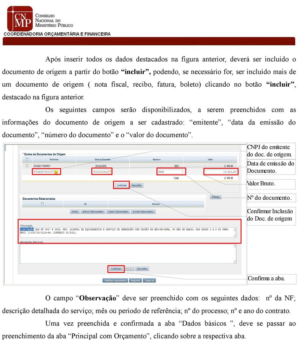 Os seguintes campos serão disponibilizados, a serem preenchidos com as informações do documento de origem a ser cadastrado: emitente, data da emissão do documento, número do documento e o valor do