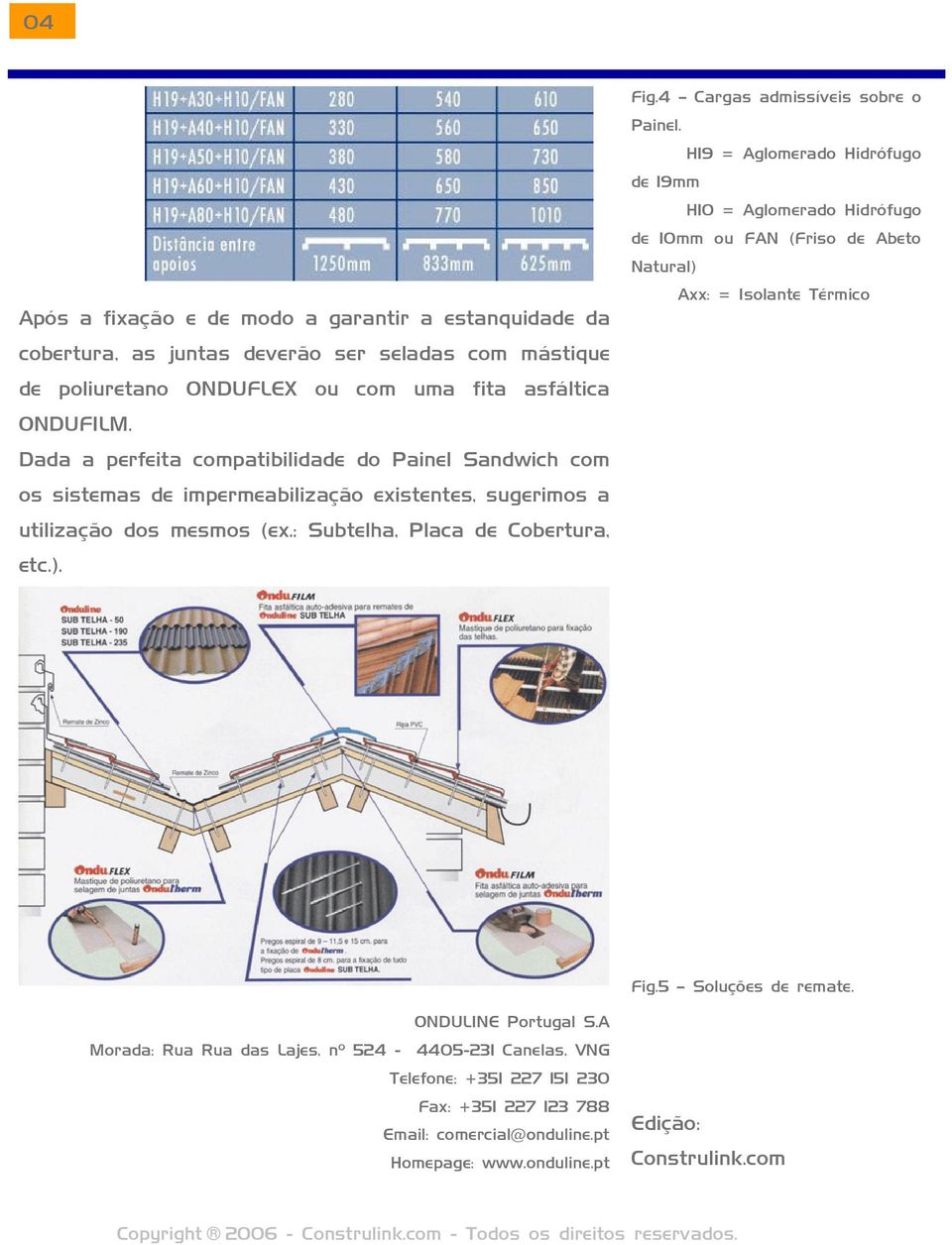 4 Cargas admissíveis sobre o Painel. H19 = Aglomerado Hidrófugo de 19mm H10 = Aglomerado Hidrófugo de 10mm ou FAN (Friso de Abeto Natural) Axx: = Isolante Térmico Fig.