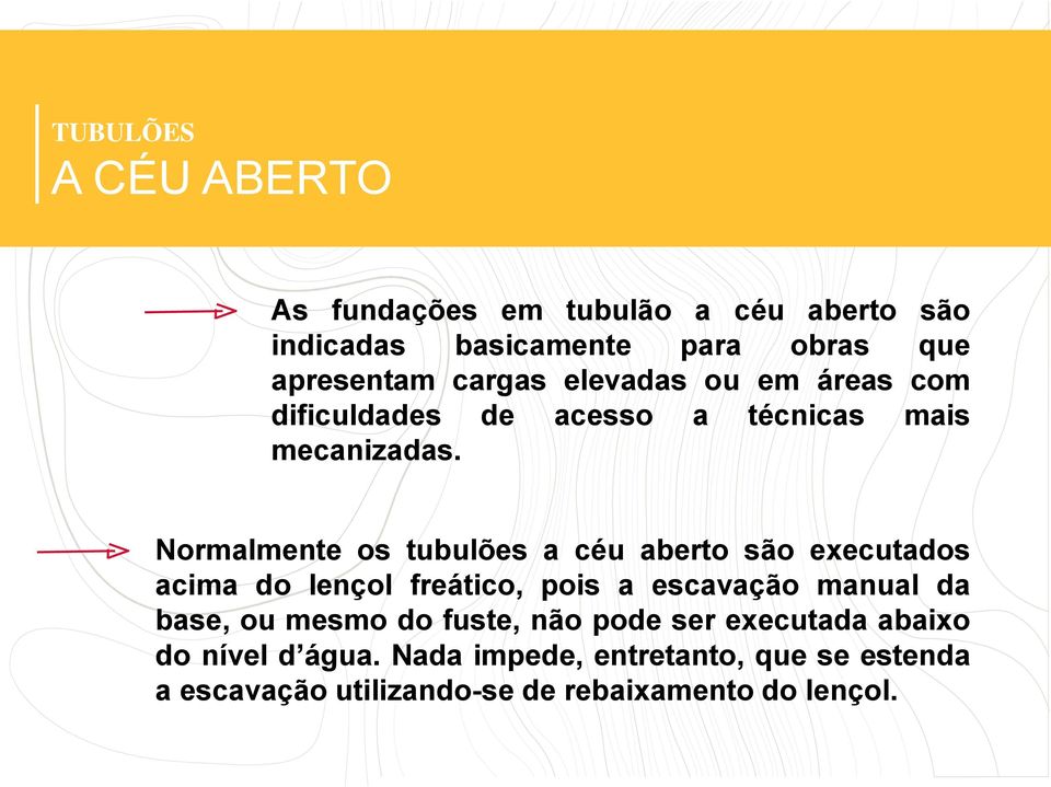 Normalmente os tubulões a céu aberto são executados acima do lençol freático, pois a escavação manual da base, ou