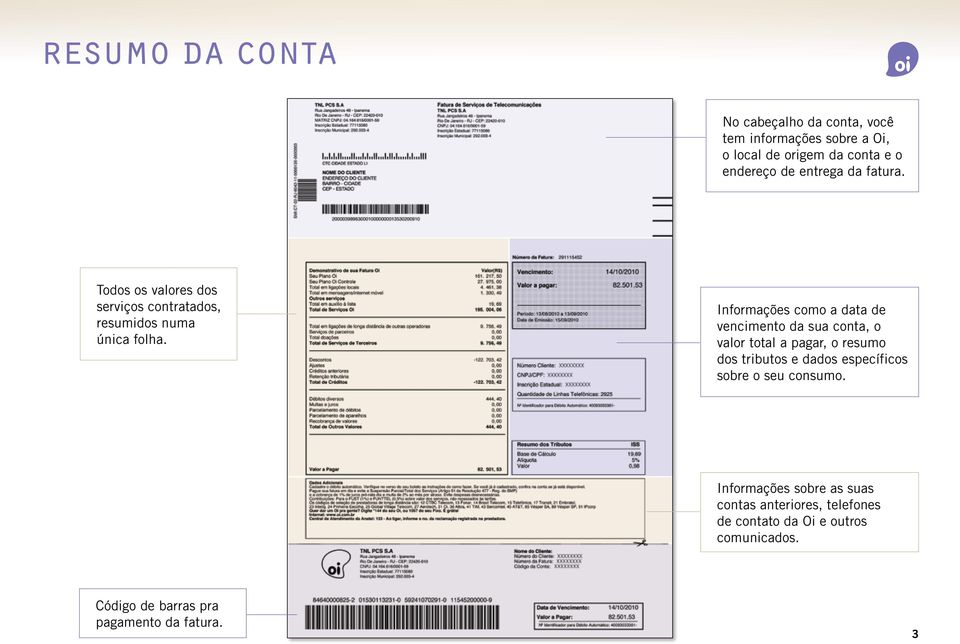 Informações como a data de vencimento da sua conta, o valor total a pagar, o resumo dos tributos e dados específicos