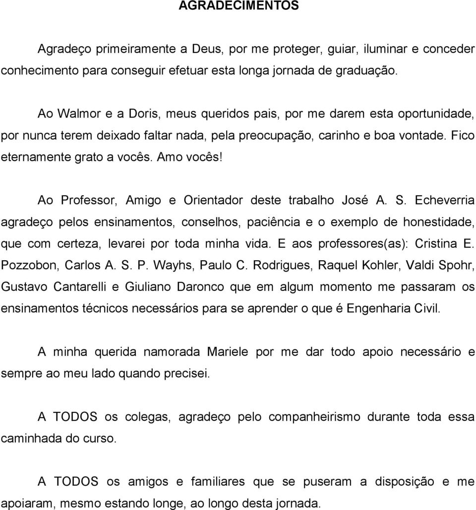 Ao Professor, Amigo e Orientador deste trabalho José A. S. Echeverria agradeço pelos ensinamentos, conselhos, paciência e o exemplo de honestidade, que com certeza, levarei por toda minha vida.