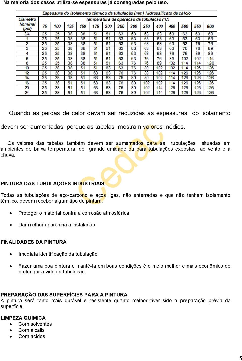 Os valores das tabelas também devem ser aumentados para as tubulações situadas em ambientes de baixa temperatura, de grande umidade ou para tubulações expostas ao vento e à chuva.