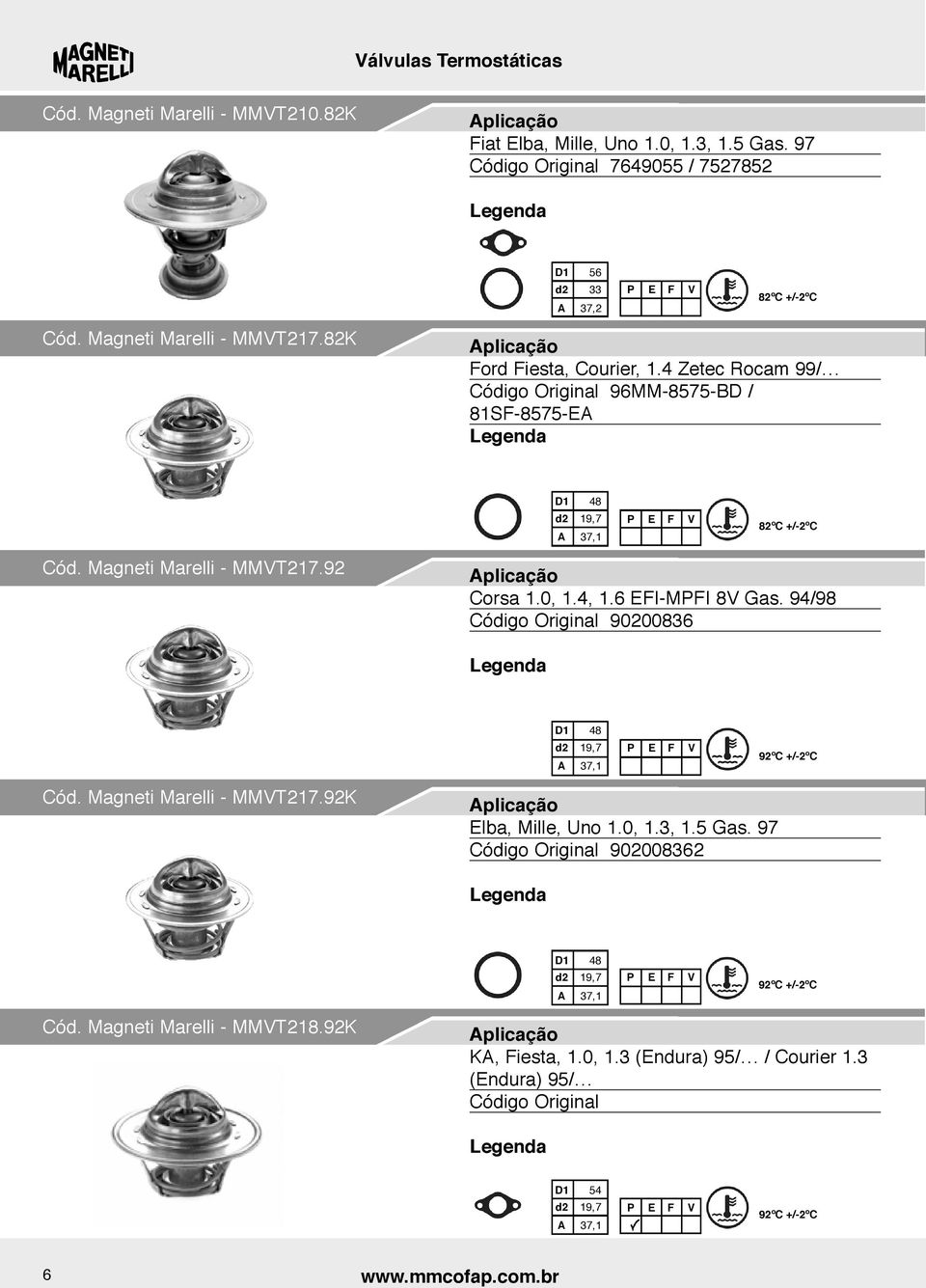 Magneti Marelli - MMVT217.92 Corsa 1.0, 1.4, 1.6 EFI-MPFI 8V Gas. 94/98 Código Original 90200836 D1 48 d2 19,7 92ºC +/-2ºC Cód. Magneti Marelli - MMVT217.