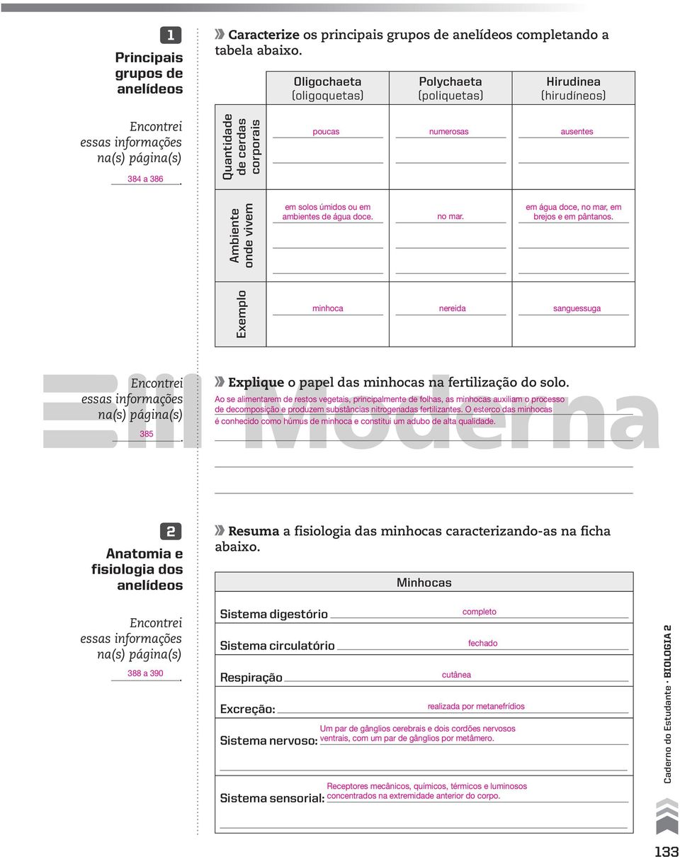 sanguessuga 385 Explique o papel das minhocas na fertilização do solo Ao se alimentarem de restos vegetais, principalmente de folhas, as minhocas auxiliam o processo de decomposição e produzem