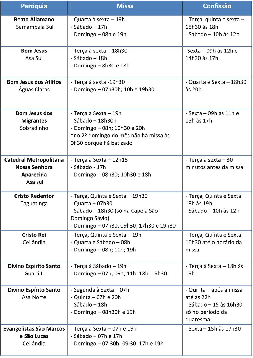 Sexta 19h 30h - Domingo 08h; 10h30 e 20h *no 2º domingo do mês não há às 0h30 porque há batizado - Sexta 09h às 11h e 15h às 17h Catedral Metropolitana Aparecida Asa sul Cristo Redentor Cristo Rei -