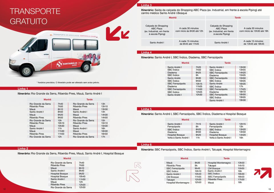 Itinerário: Rio Grande da Serra, Ribeirão Pires, Mauá, Santo André I Linha 5 Itinerário: Santo André I, SBC Ferrazópolis, SBC Índico, Diadema e Hospital Bosque Linha 2 Itinerário: Rio Grande da