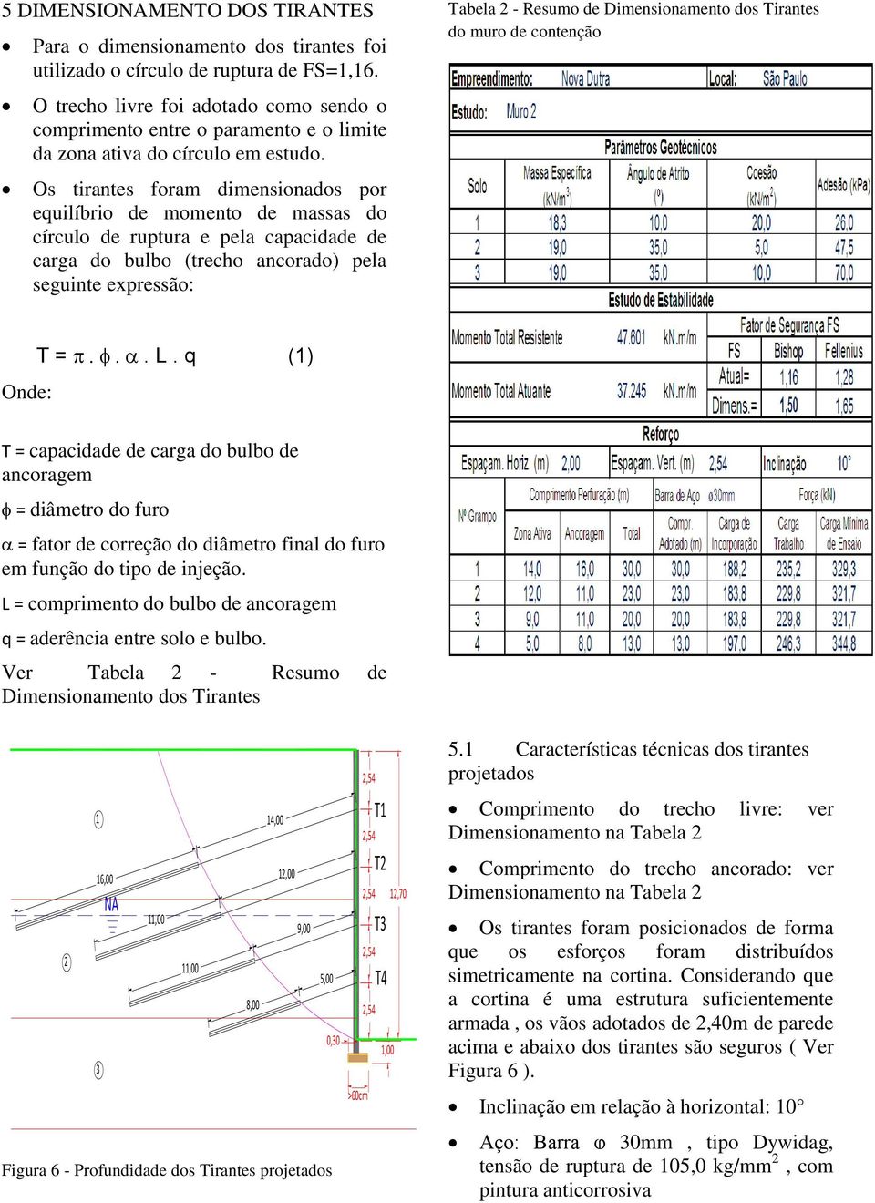 Os tirantes foram dimensionados por equilíbrio de momento de massas do círculo de ruptura e pela capacidade de carga do bulbo (trecho ancorado) pela seguinte expressão: Tabela 2 - Resumo de