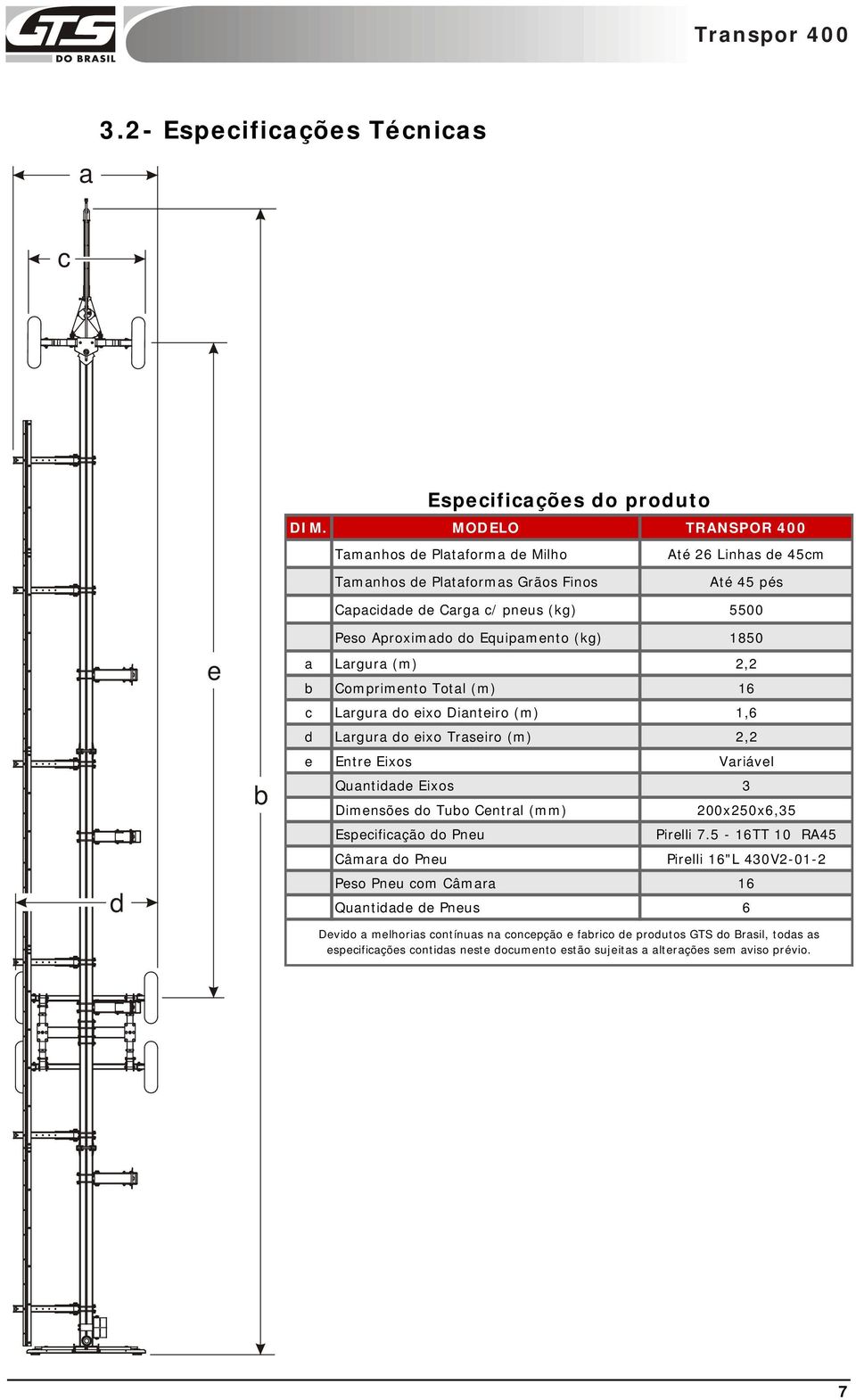 Equipamento (kg) 1850 a Largura (m) 2,2 b Comprimento Total (m) 16 c Largura do eixo Dianteiro (m) 1,6 d Largura do eixo Traseiro (m) 2,2 e Entre Eixos Variável Quantidade Eixos 3 Dimensões do