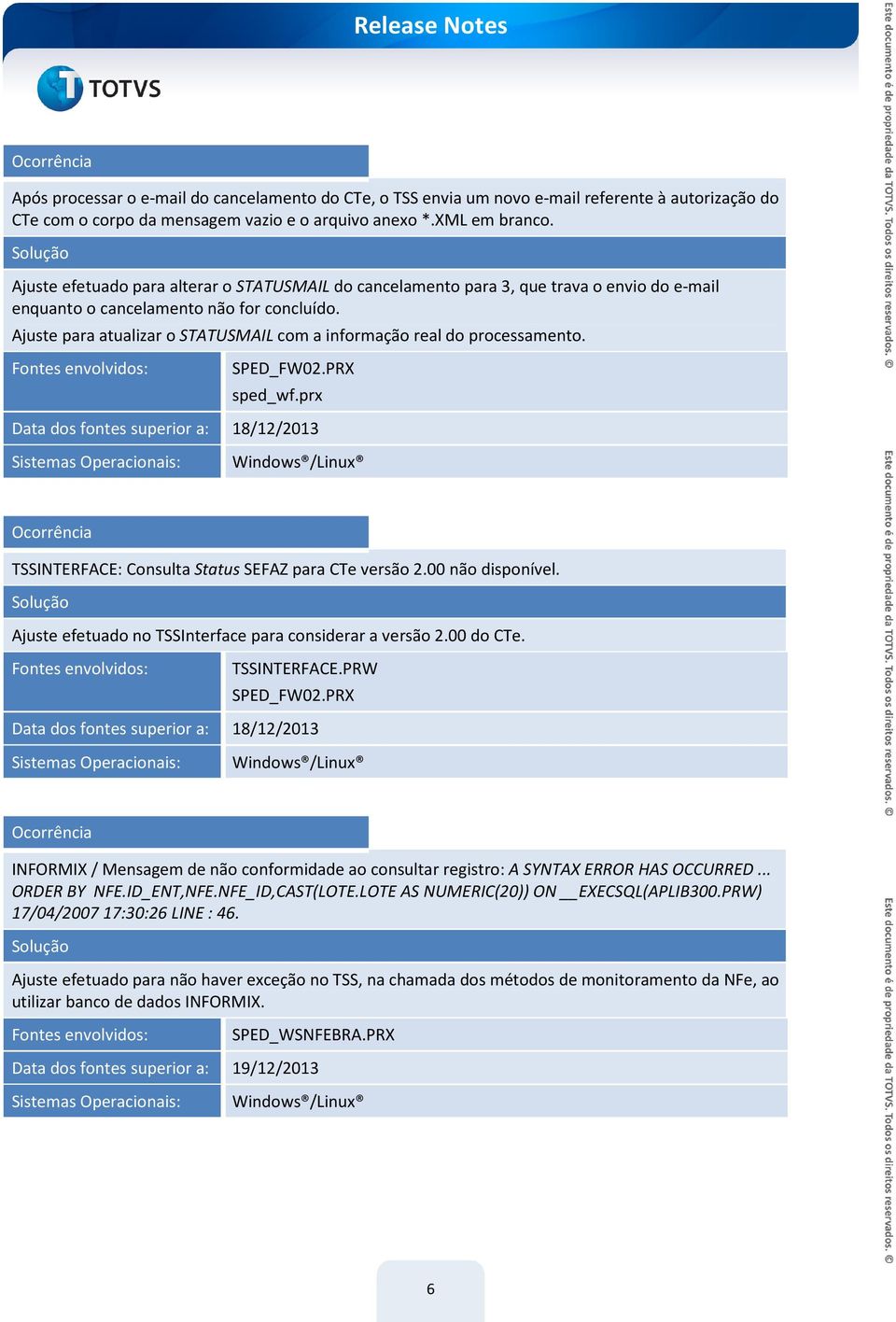 Ajuste para atualizar o STATUSMAIL com a informação real do processamento. SPED_FW02.PRX sped_wf.prx Data dos fontes superior a: 18/12/2013 TSSINTERFACE: Consulta Status SEFAZ para CTe versão 2.