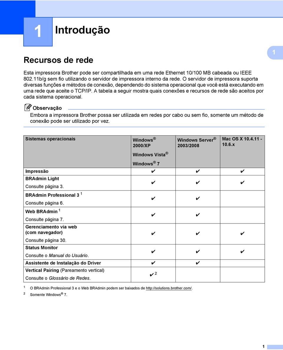 A tabela a seguir mostra quais conexões e recursos de rede são aceitos por cada sistema operacional.