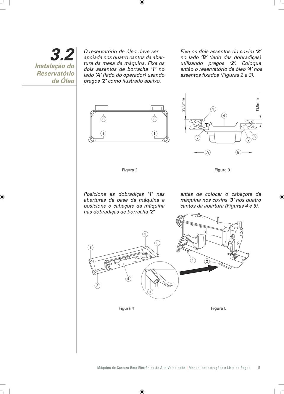 Fixe os dois assentos do coxim no lado B (lado das dobradiças) utilizando pregos 2. Coloque então o reservatório de óleo 4 nos assentos fixados (Figuras 2 e ). 2.5mm 9.