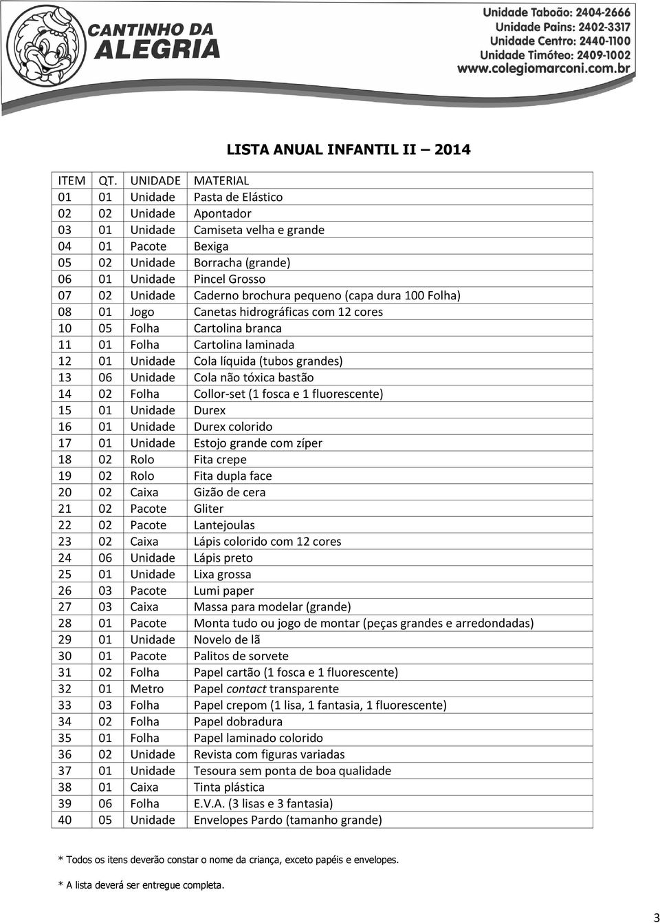 Unidade Caderno brochura pequeno (capa dura 100 Folha) 08 01 Jogo Canetas hidrográficas com 12 cores 10 05 Folha Cartolina branca 11 01 Folha Cartolina laminada 12 01 Unidade Cola líquida (tubos