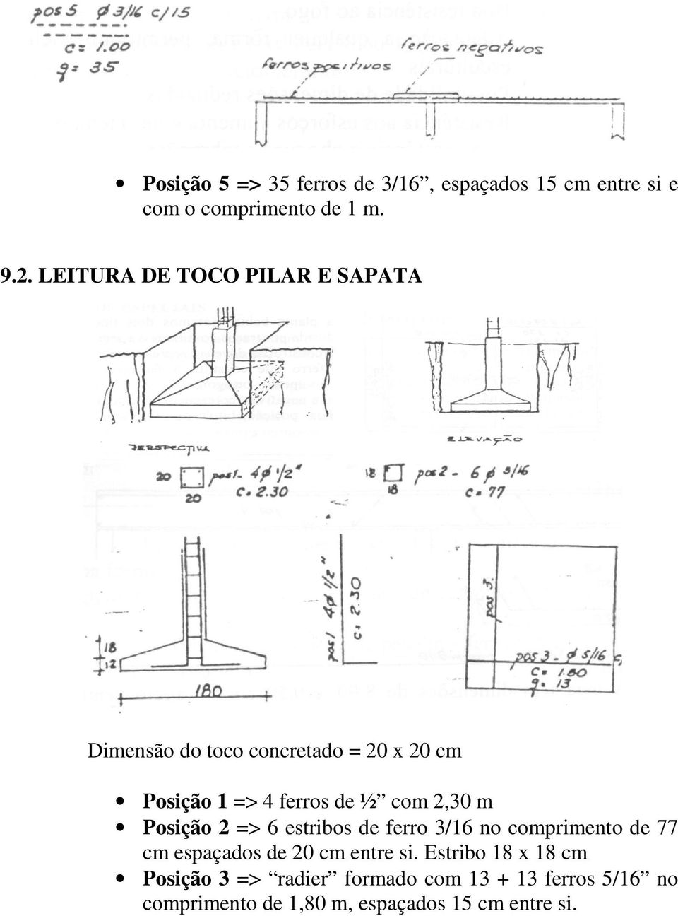 2,30 m Posição 2 => 6 estribos de ferro 3/16 no comprimento de 77 cm espaçados de 20 cm entre si.