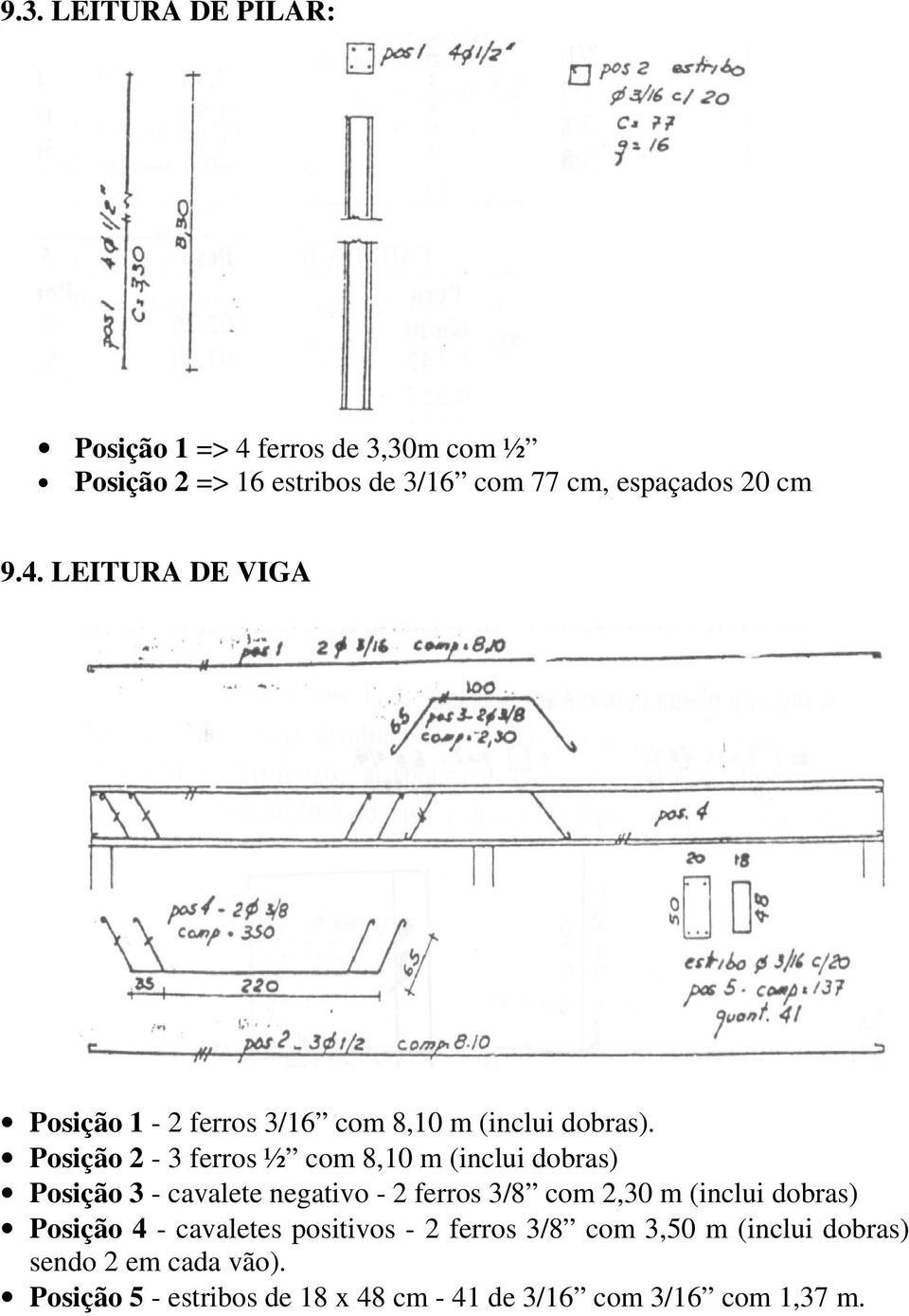 Posição 2-3 ferros ½ com 8,10 m (inclui dobras) Posição 3 - cavalete negativo - 2 ferros 3/8 com 2,30 m (inclui dobras) Posição 4 -