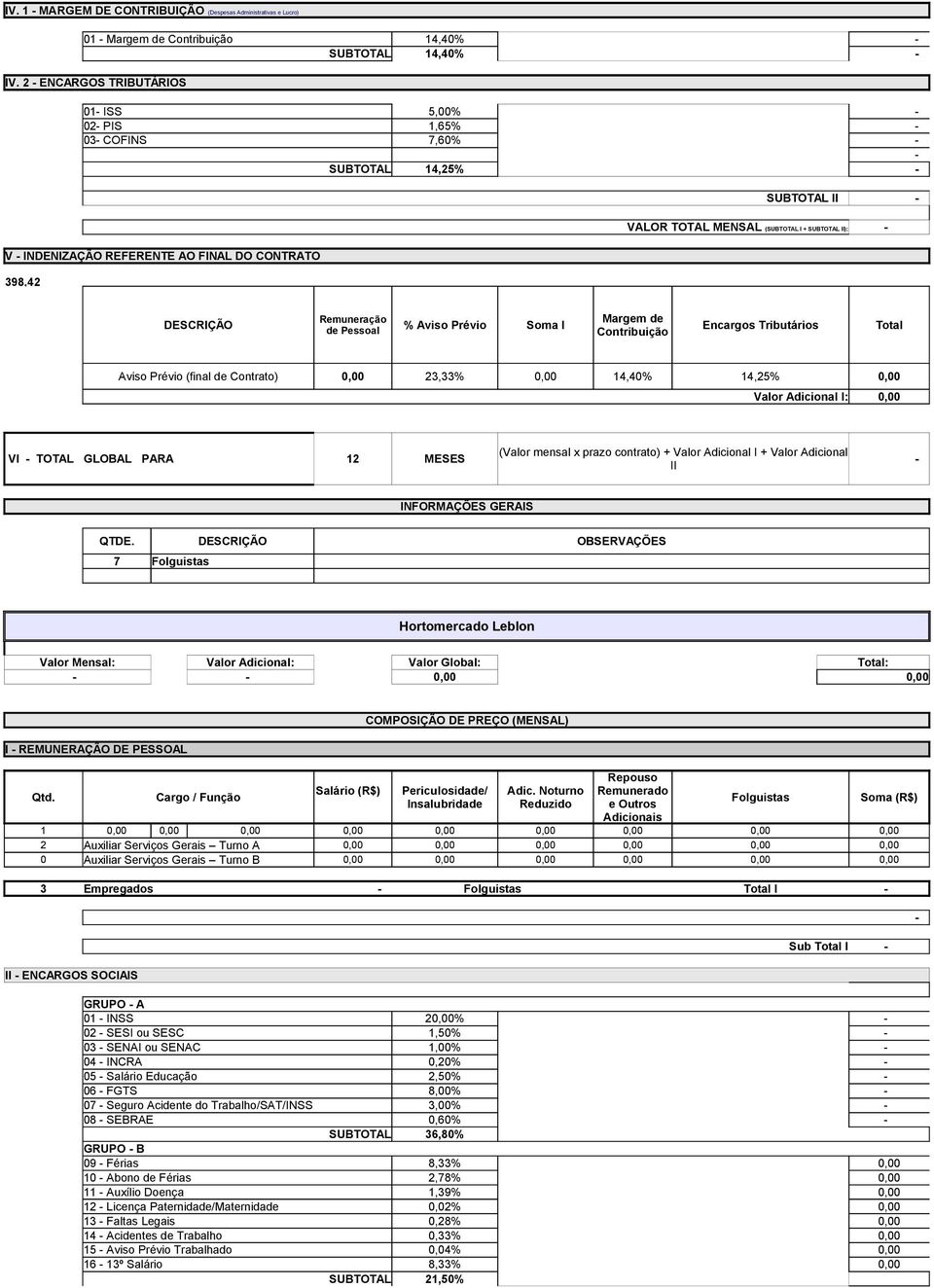 Margem de DESCRIÇÃO % Aviso Prévio Soma I Encargos Tributários Total de Pessoal Contribuição Aviso Prévio (final de Contrato), 23,33%, 14,4% 14,25%, Valor Adicional I:, (Valor mensal x prazo