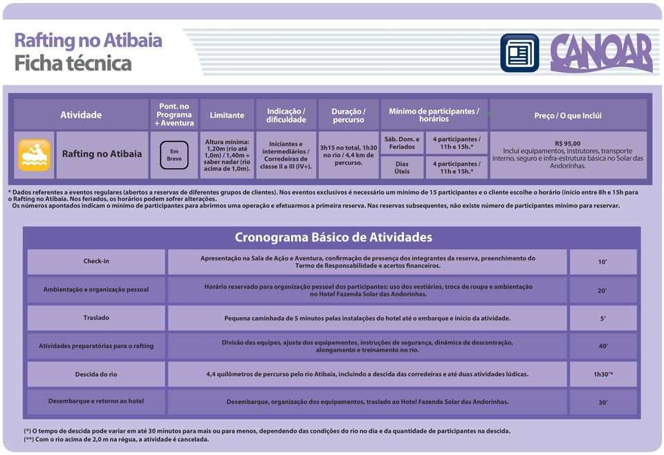 saber nadar (rio acima de 1,0m). Iniciantes e intermediários / Corredeiras de classe II a III (IV+). 3h15 no total, 1h30 no rio / 4,4 km de percurso. Sáb. Dom.