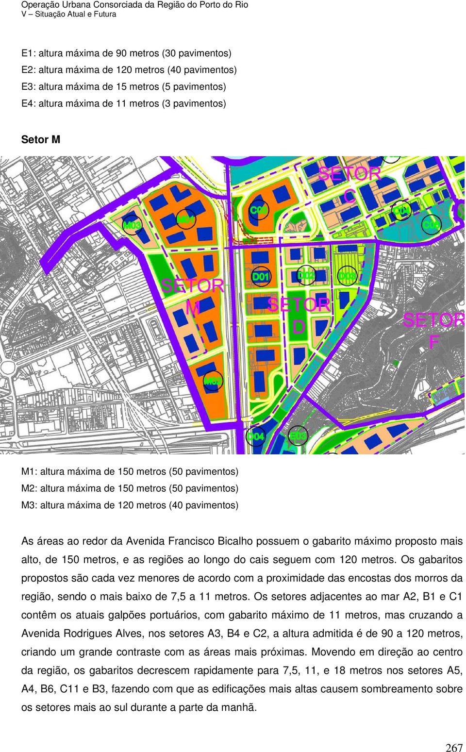 gabarito máximo proposto mais alto, de 150 metros, e as regiões ao longo do cais seguem com 120 metros.