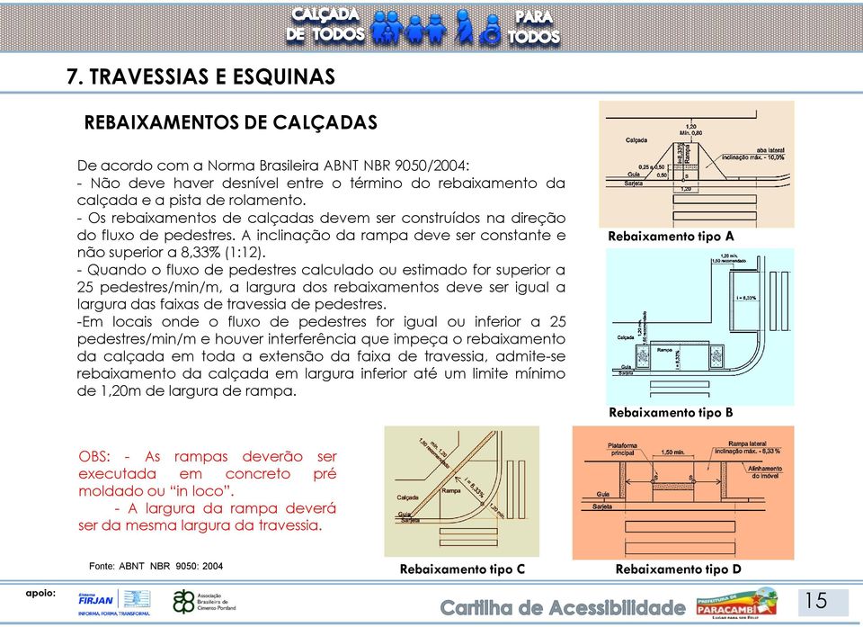 - Quando o fluxo de pedestres calculado ou estimado for superior a 25 pedestres/min/m, a largura dos rebaixamentos deve ser igual a largura das faixas de travessia de pedestres.