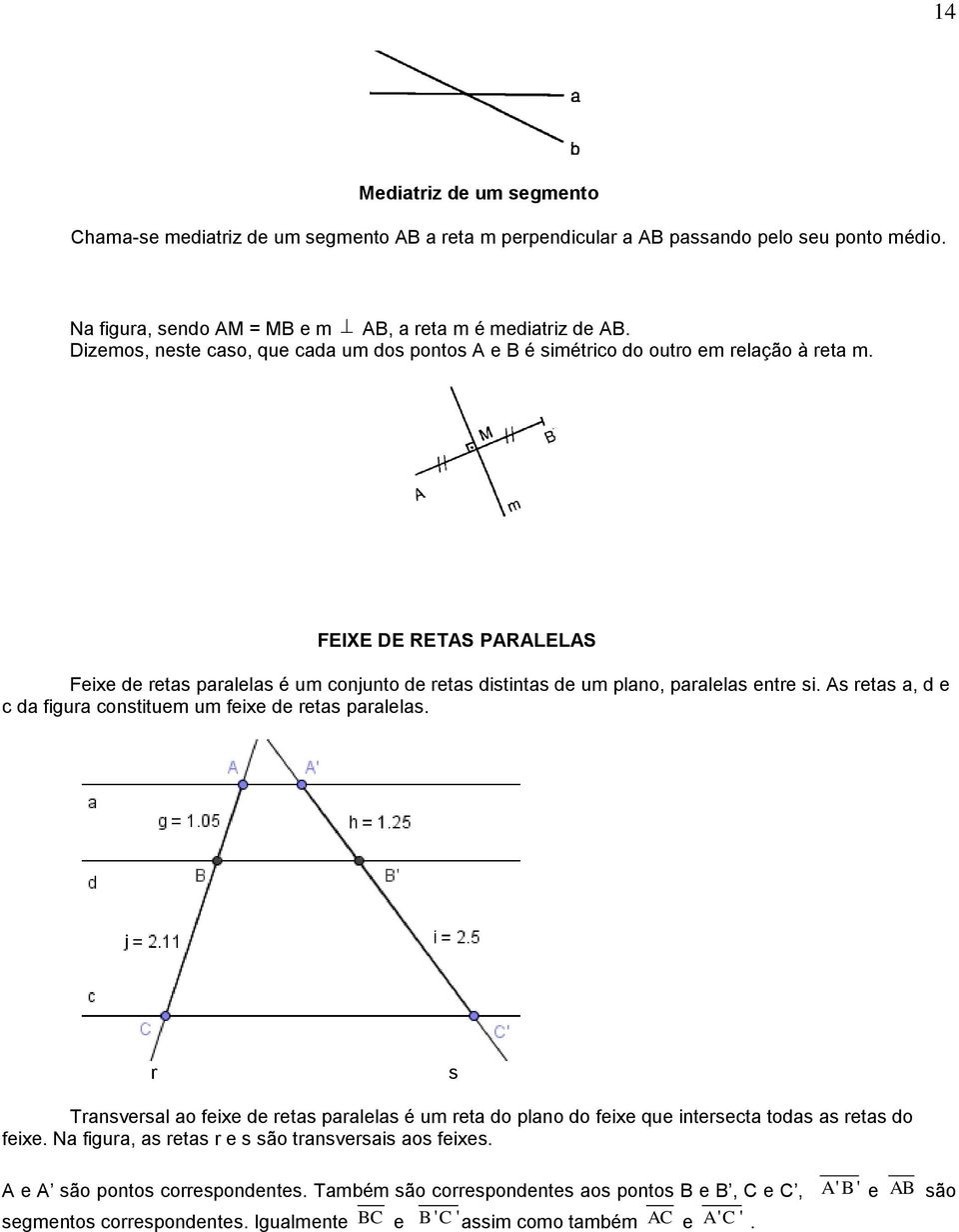 FEIXE DE RETAS PARALELAS Feixe de retas paralelas é um conjunto de retas distintas de um plano, paralelas entre si. As retas a, d e c da figura constituem um feixe de retas paralelas.