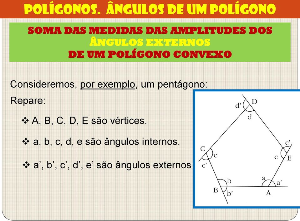 ÂNGULOS EXTERNOS DE UM POLÍGONO CONVEXO Consideremos, por